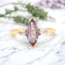 925 Sterling Silver 6x3 mm Marquise Shape Natural Amethyst Ring Cubic Zirconia