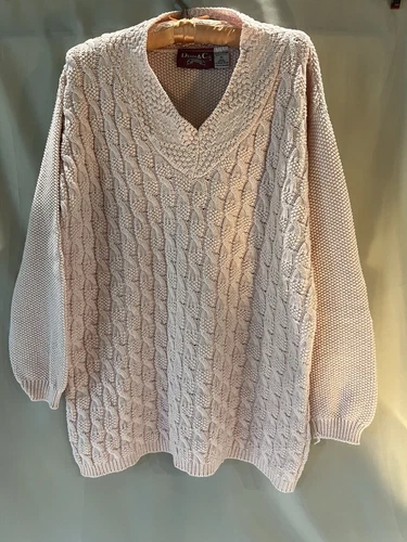 Denim & Co. 100% Cotton V Neck Sweater Pink Oversized Size M USA Made