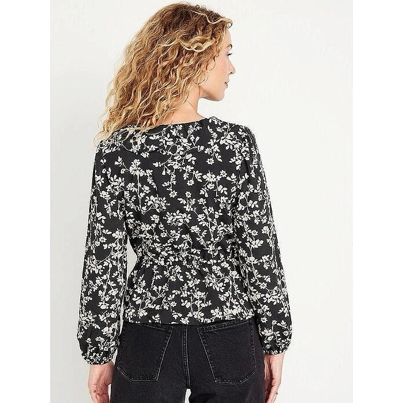 Blusa Top Antigua Azul Marino Negra Marfil Floral Cuello Atado Cuello en V Volantes Manga Larga Talla M Foto 3 de 4