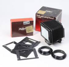 MAMIYA M645 BELLOWS LENS HOOD W SLIDE COPYING ATTACHMENT LENS MOUNT RINGS