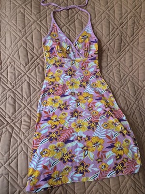 H&M L.O.G.G. Damen Trägerkleid kurz V-Ausschnitt Blumen lila Gr. XS