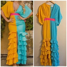 Vibrant Colorblock Ruffle Maxi Dress NWT Resort Wedding Guest Gown Small