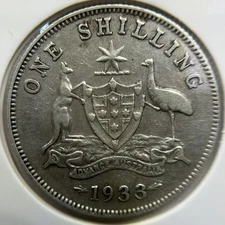1933 Shilling Silver Coin - Fine - Key Date Australian Predecimal King George V