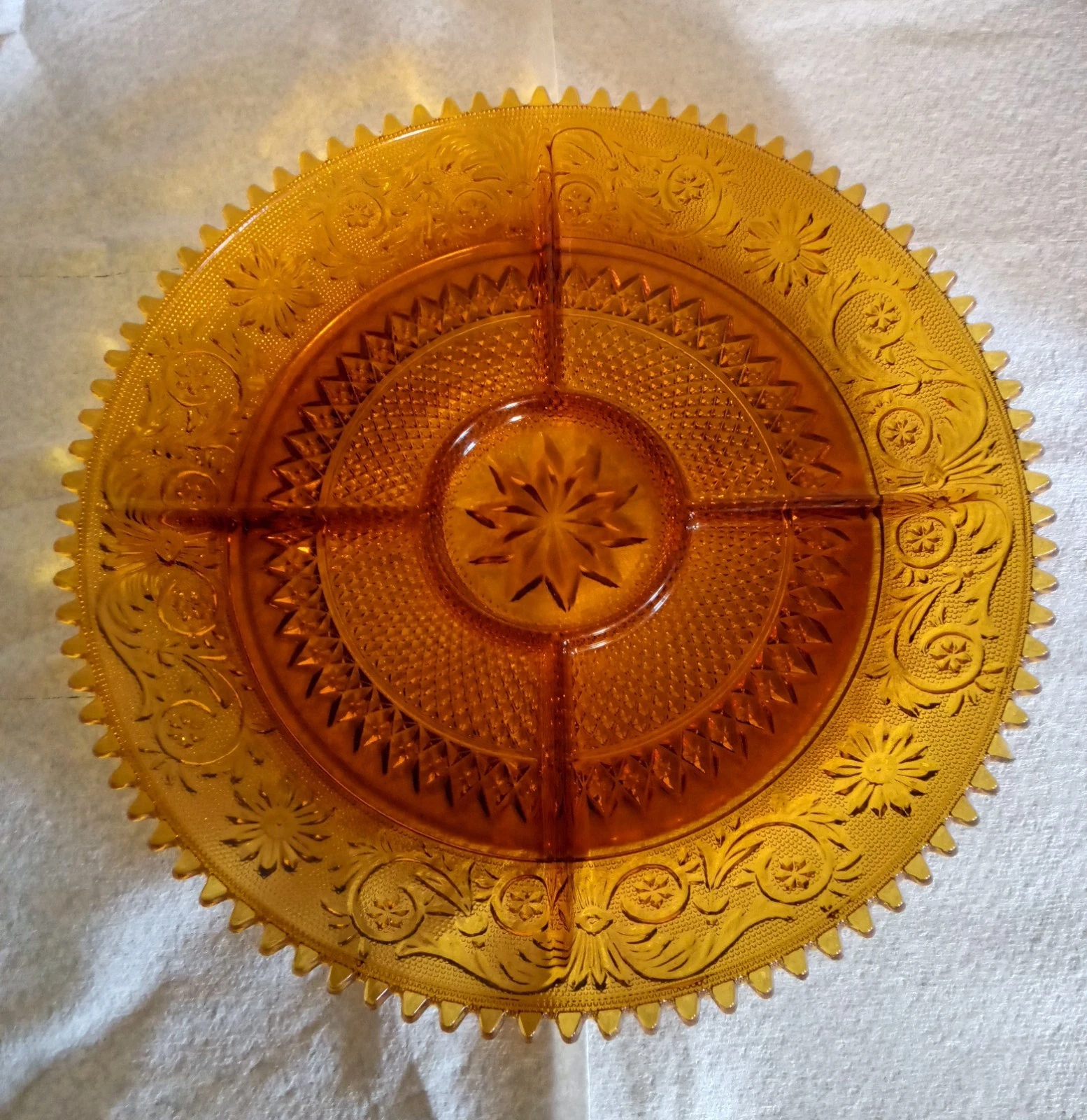 Tiara Indiana Glass Amber Sandwich 5 Part Divided Relish 12" Veggie Tray Plate