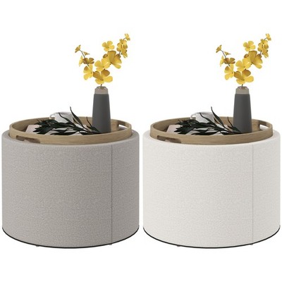 HOMCOM Round Storage Ottoman Coffee Table with Flip Top Tray, Linen Fabric