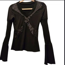 Vintage Y2K Top S Italy Black Sequin Long Sleeve Ribbed Vneck Flared Bell Euro
