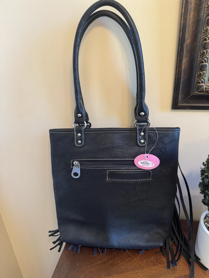 Blazin Roxx Black Fringe Shoulder Bag Western Boho Purse Faux Leather Tote NWT - Image 2 of 4