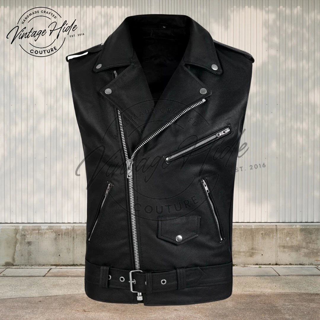 VHC Sleeveless Men's Leather Vest – Biker Punk Style with Belted Classic Fit