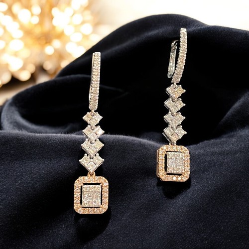 1.80 Cts Round Brilliant Cut Natural Diamonds Dangle Earrings 14K Two-Tone Gold - Picture 6 of 15
