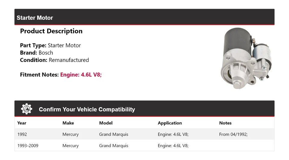 For 1992-2009 Mercury Grand Marquis 4.6L V8 Bosch Starter (Remanufactured) 1993 - Image 2 of 4