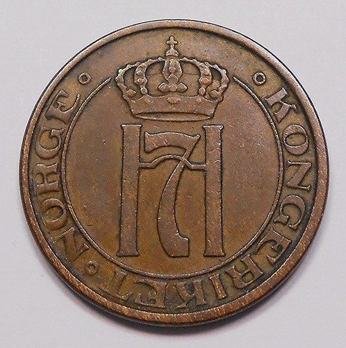 Norway 1937 7 OVER 6 UNLISTED ERROR 2 Ore VF-XF RARE Type Haakon VII Bronze Coin - Picture 3 of 3