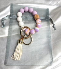 PURPLE CLAY BEADED WRISTLET TASSEL KEYCHAIN W/ORGANZA GIFT BAG