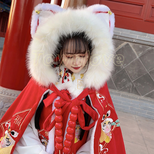 Cloak Hanfu Women Long Style with Velvet Coat Chinese Style Hooded Cape Ancient - Picture 2 of 18