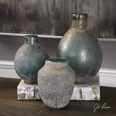Three Farmhouse Antiqued Glass Decorative Bottles Vases Blue Green