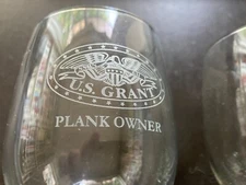 2x Wine Glasses engraved with "U.S. Grant Plank Owner" (Submarine) 7 in (height)