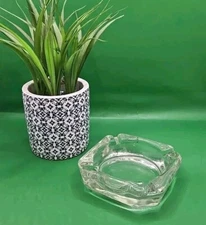 Vintage Mid Century Modern Solid Clear Square Glass Ashtray 4 Slot 