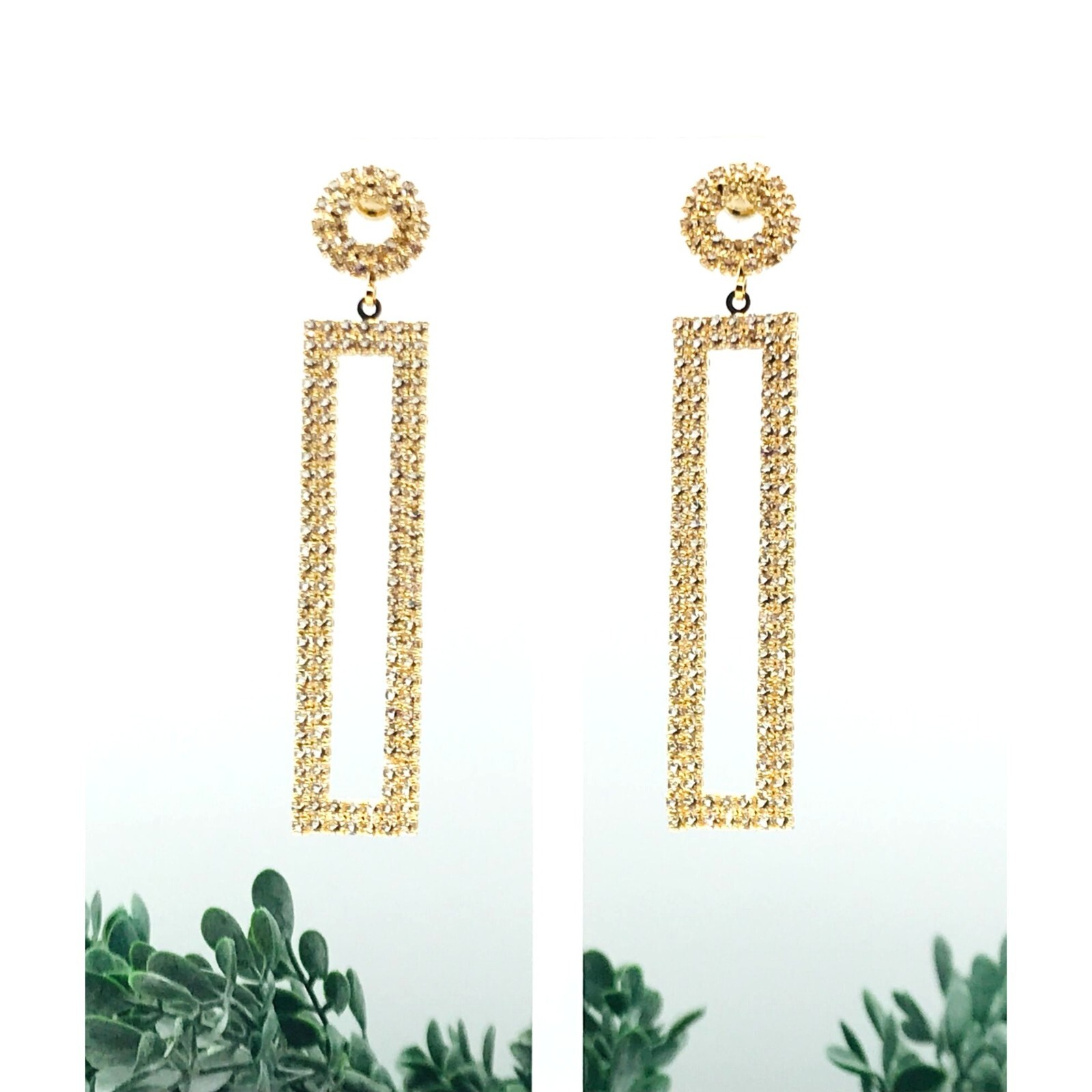 Dangle earrings, gold tone rectangle shape, clear… - image 2