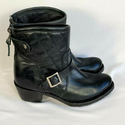 Sonora Double H MIA Black Leather Quilted Moto Ankle Boots Sz 8B