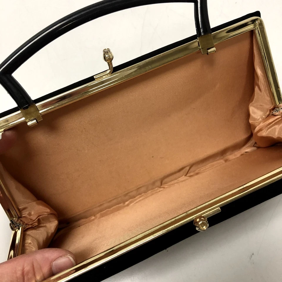Vtg 50's BLACK Formal Handbag COCKTAIL Clutch USA Purse ROCKABILLY Satchel - Image 4 of 4
