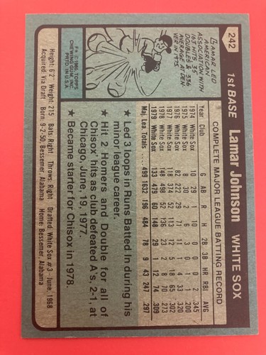 1980 TOPPS #242 LAMAR JOHNSON CHICAGO WHITE SOX 033023 - Picture 2 of 2