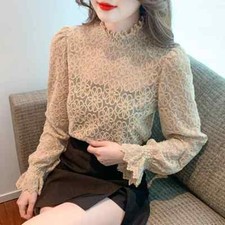 Camicia Maglia Blusa Donna Camicetta Maniche Lunghe Beige Pizzo Slim 41551