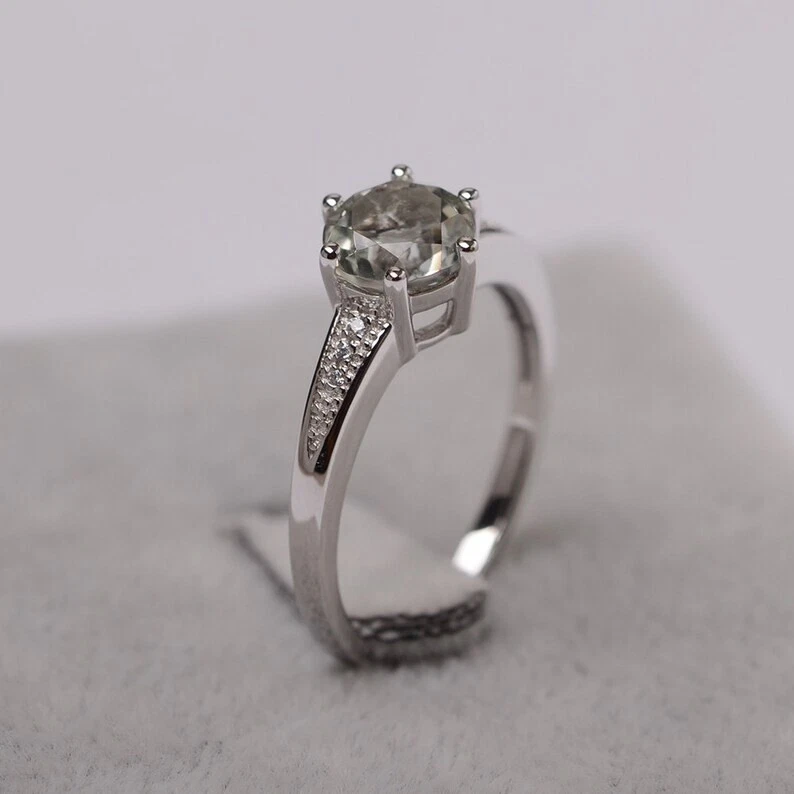 Round cut green amethyst ring sterling silver engagement ring for women - Image 2 of 3