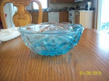 Blue Vintage Cut Pressed Glass Diamond Cut Scalloped Edge Vegetable Serving Bowl