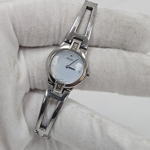 Seiko Watch Women 20mm MOP Dial Silver Tone Diamond Bezel 1N00-0GN0 New Battery