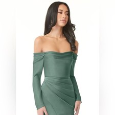 Azazie Hallie Long Sleeve Satin Maxi Dress Gown Green Boning Gala Wedding Guest