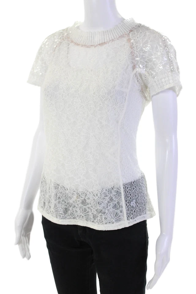 Blusa blanca Byron Lars para mujer de encaje transparente manga corta detalle de lentejuelas talla 6 Foto 2 de 4
