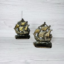 Cast Iron Bookends Ship Pirate Sails Galleons Vintage Brass Spanish Nautical Set