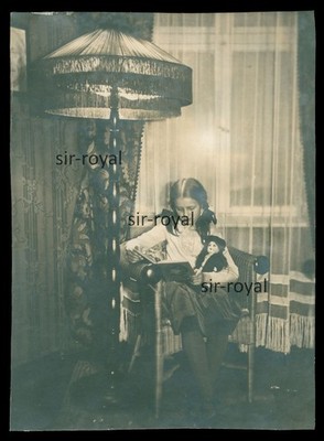 Girl with Doll Reading a Book on Chair Under Lamp - 1920s - Photo 8x11cm