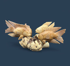 Hand Carved Wood Fish Sculpture Burled Driftwood 4 Fish Ocean Beach
