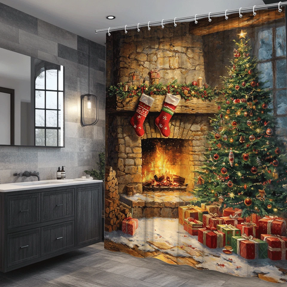 Acogedora cortina de ducha para chimenea y árbol con medias y regalos, decoración navideña Foto 4 de 4