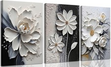 3Pcs Modern Abstract Floral Canvas Wall Art White and Black Flowers Wall Deco...