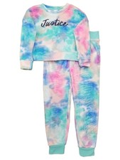 Justice Girls Blue  Pink Plush Tie Dye Pajamas Pants  Shirt Sleep Set M 10 