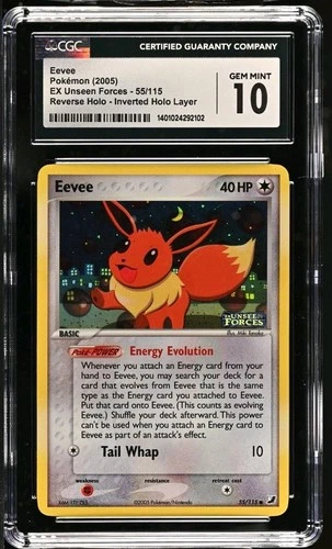 CGC 10 Pokemon Eevee EX Unseen Forces Inverted Reverse Holo Error 2005 #55