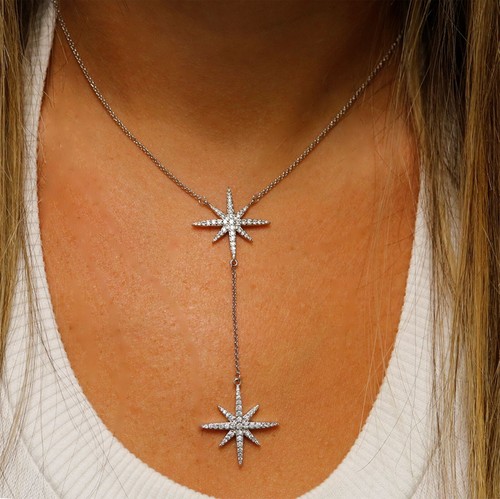 18k White Gold Plated CZ Starburst Pendant Necklace 18 Inches For Women - Bild 3 von 6