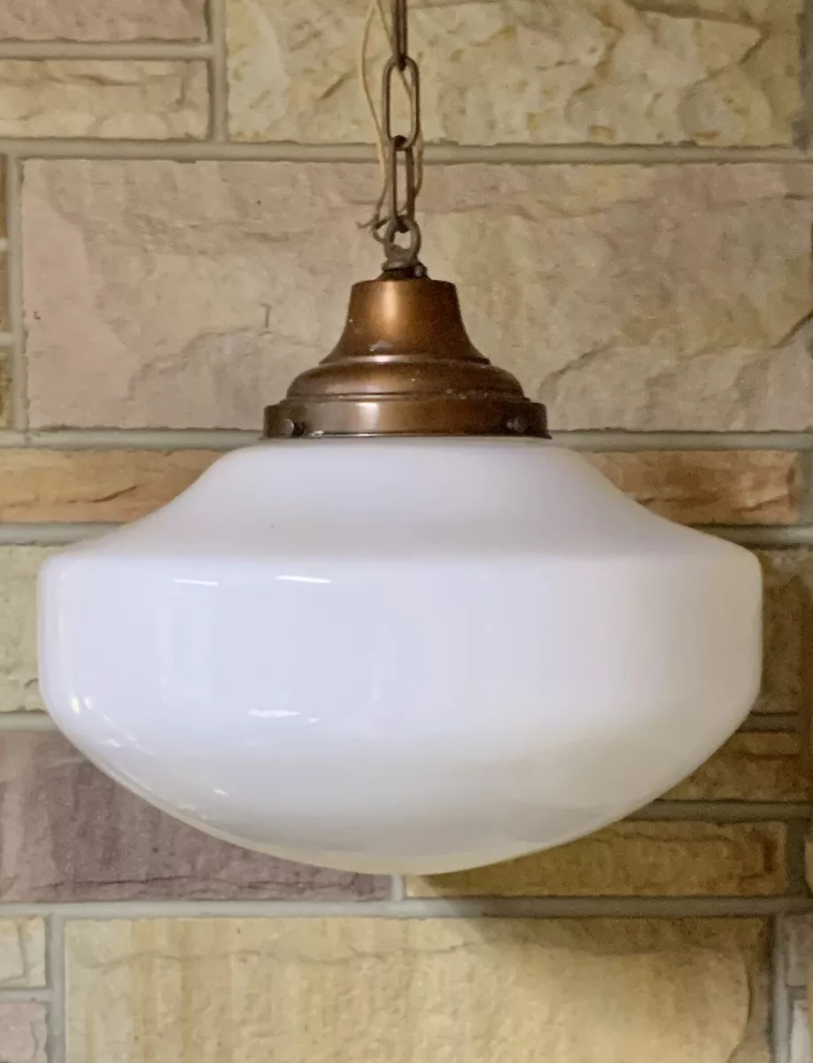 Antique 1920s Art Deco Schoolhouse Milk Glass Hanging Pendant