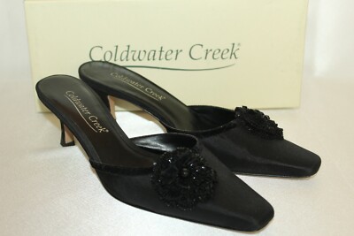 COLDWATER CREEK Black Silk Beaded Flower Slip On Mules Shoes Sz 6.5