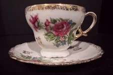 Vintage Pedestal Tea Cup & Saucer Set, Floral, Gold Trim