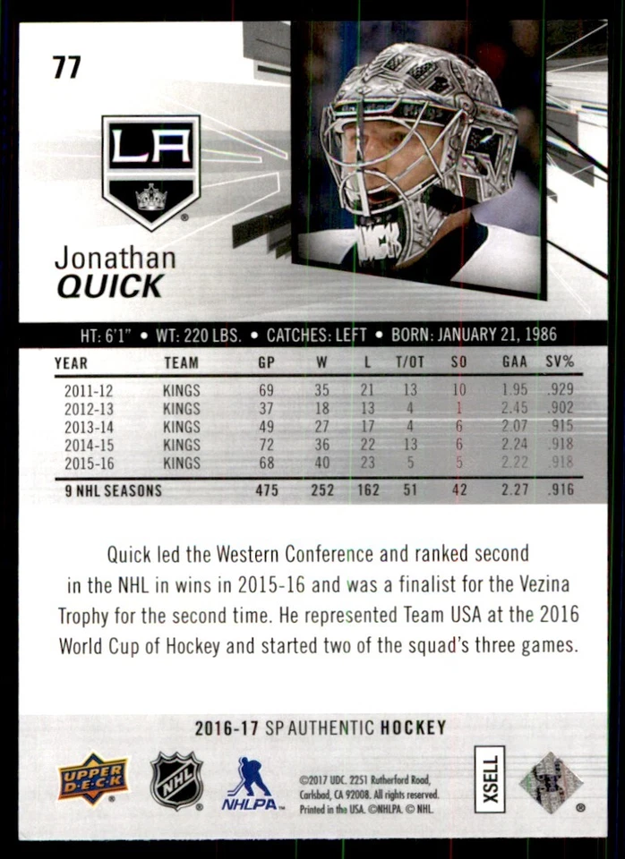 2016-17 SP Authentic Jonathan Quick Los Angeles Kings #77 - Image 2 of 2