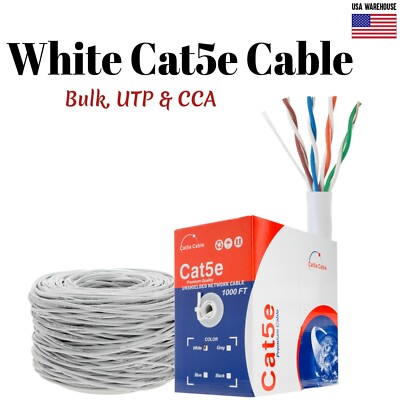 1000ft Cat5e White Ethernet Network Cable Solid 24AWG Copper Clad CCA Bulk Wire