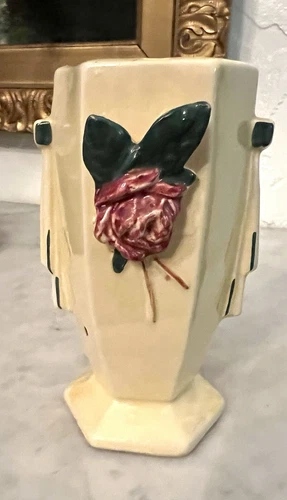 Vintage McCOY ART DECO Pottery FLOWER VASE, Applied ROSE Pattern