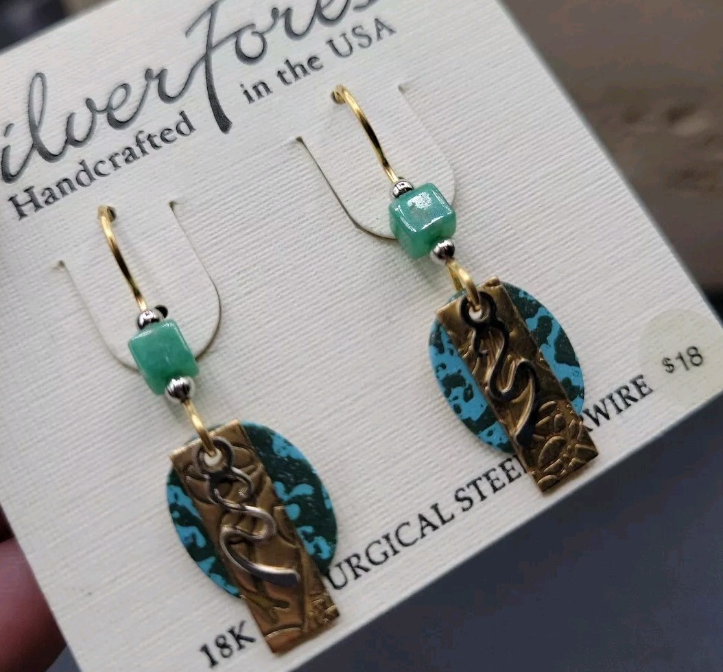 Silver Forest Earrings USA Dangle Oval Layered Stone Bead Square Turquoise  Blue