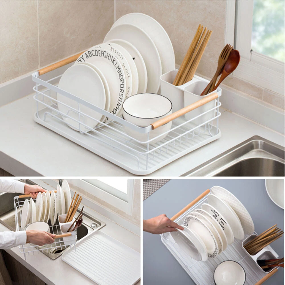 New White Dish Drainer Rack Kitchen Drying Rack Bowl Plate Holder With Drip Tray