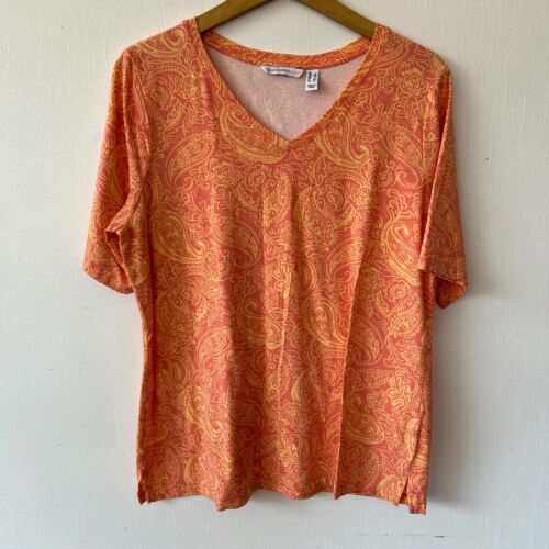 IsaacMizrahiLive T-shirt Womens Large Orange Paisley V-neck Top Short Sleeve - Picture 1 of 6