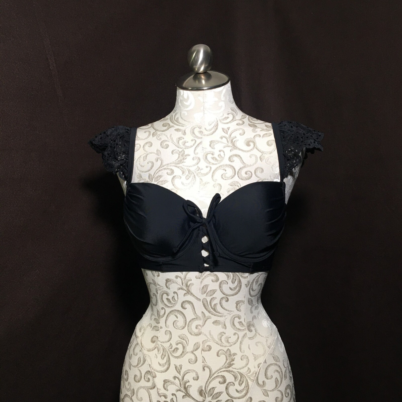 Bikini Top Womens 36C Black Nylon Stretch Lace Front Drawstring Adjustable Strap-image