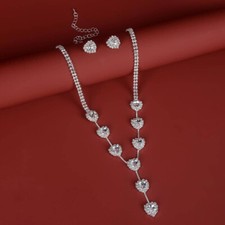 Clear Crystal Rhinestone Heart Necklace Earrings Wedding Bridal Jewelry Set