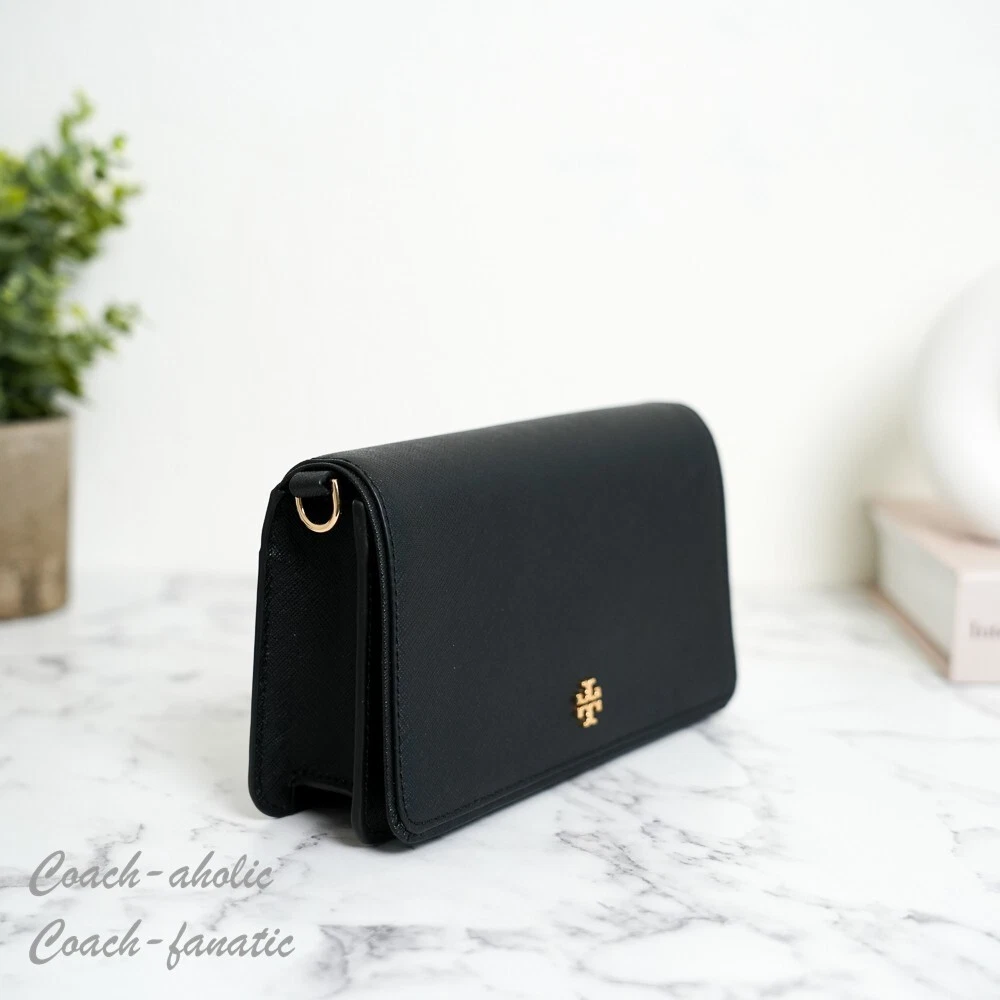 Borsa a tracolla nuova con etichette Tory Burch Emerson Saffiano mini pochette 159463 nera